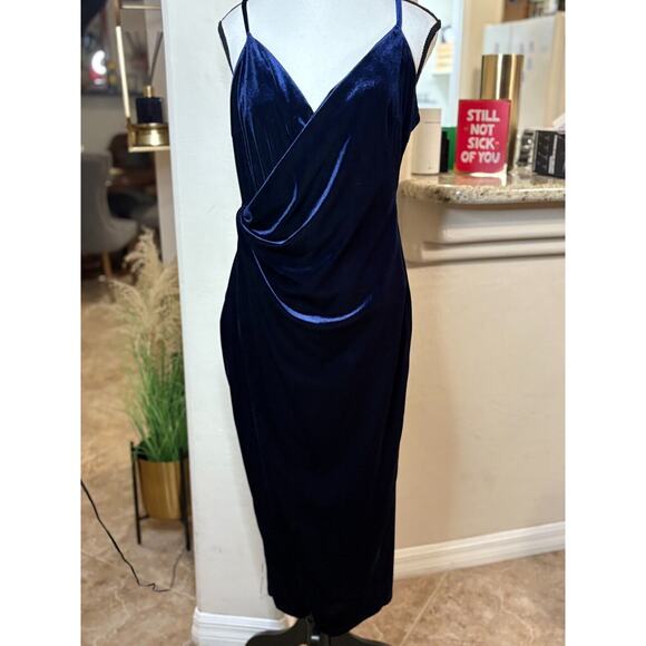 Showpo Loving Blind Midi Dress - Draped Thigh Split Dress in navy velvet 8 - Picture 2 of 6